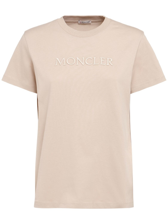 Moncler: Embroidered logo cotton t-shirt - Beige - women_0 | Luisa Via Roma