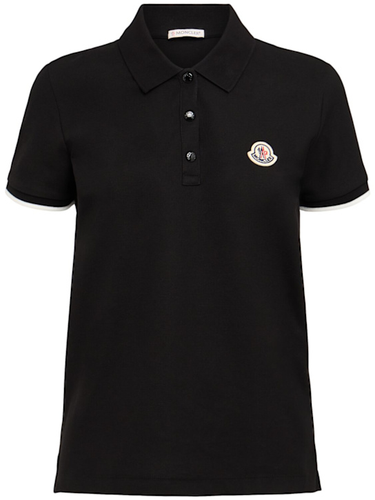 Moncler: Logo cotton piquet polo shirt - Black - women_0 | Luisa Via Roma