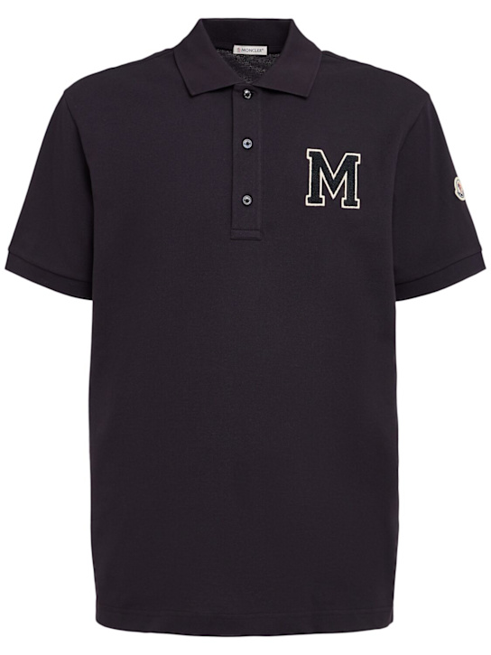 Moncler: Logo cotton piquet polo shirt - Navy - men_0 | Luisa Via Roma