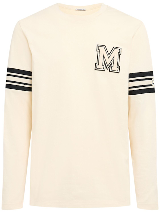 Moncler: Logo cotton jersey l/s t-shirt - White - men_0 | Luisa Via Roma