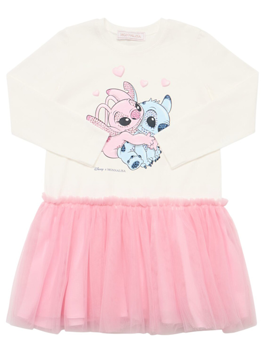Monnalisa: Stitch print cotton & tulle dress - ホワイト/ピンク - kids-girls_0 | Luisa Via Roma