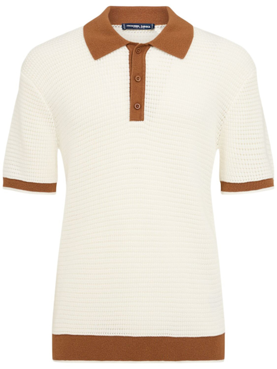 Frescobol Carioca: Vidal crochet polo shirt - Ivory & Dark Al - men_0 | Luisa Via Roma