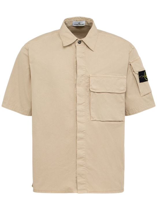 Stone Island: 弹力棉质斜纹衬衫 - 沙漠色 - men_0 | Luisa Via Roma