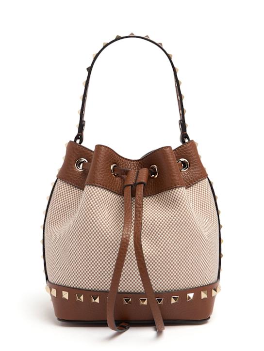 Valentino Garavani: Rockstud canvas & leather bucket bag - Naturale-tobacc - women_0 | Luisa Via Roma