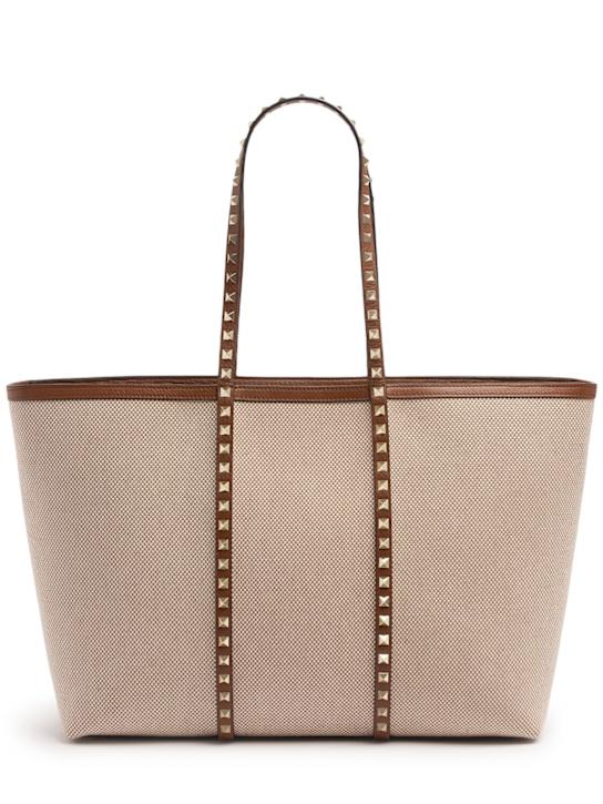 Valentino Garavani: Rockstud canvas tote bag - Naturale-tobacc - women_0 | Luisa Via Roma