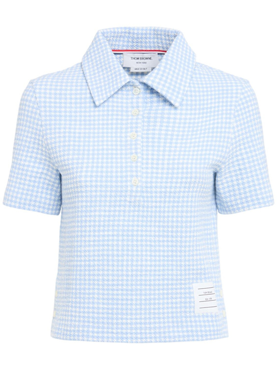 Thom Browne: Gingham tweed short sleeve polo - Light Blue - women_0 | Luisa Via Roma