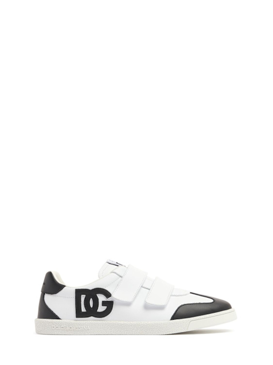 Dolce&Gabbana: Baskets à scratch en cuir imprimé logo - Blanc/Noir - kids-girls_0 | Luisa Via Roma