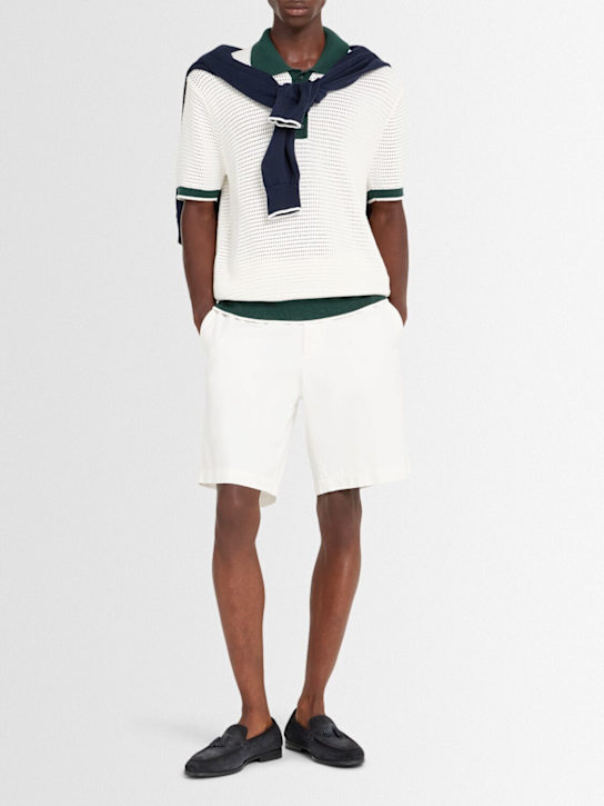 Frescobol Carioca: Vidal crochet polo shirt - Ivory & Evergre - men_1 | Luisa Via Roma