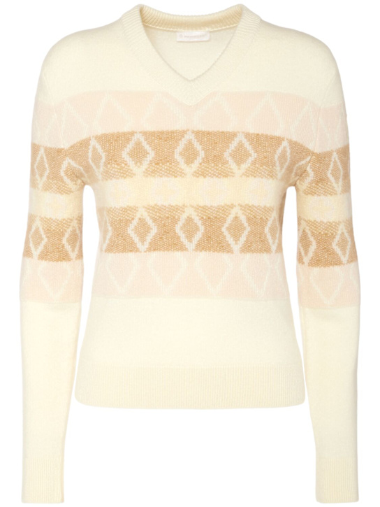 Moncler: Rhombus pattern wool v-neck sweater - women_0 | Luisa Via Roma