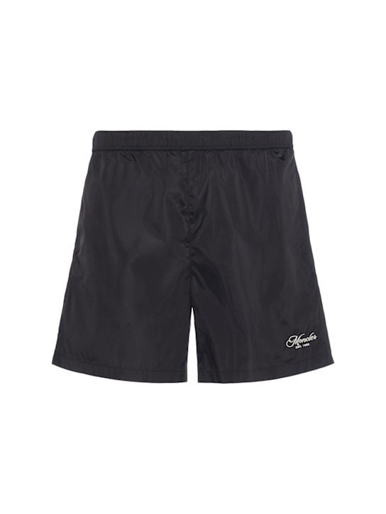 Moncler: Embroidered logo swim shorts - Mouline Black - men_0 | Luisa Via Roma