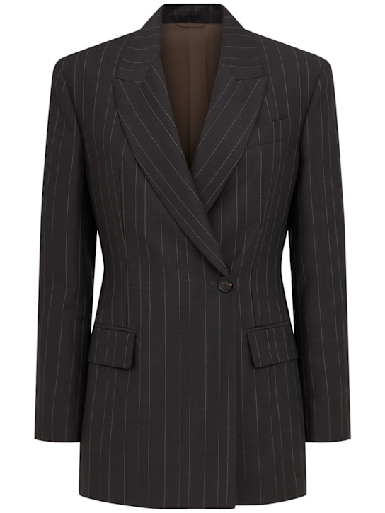 Brunello Cucinelli: Pinstripe wool suit-type blazer - Chocolate/White - women_0 | Luisa Via Roma