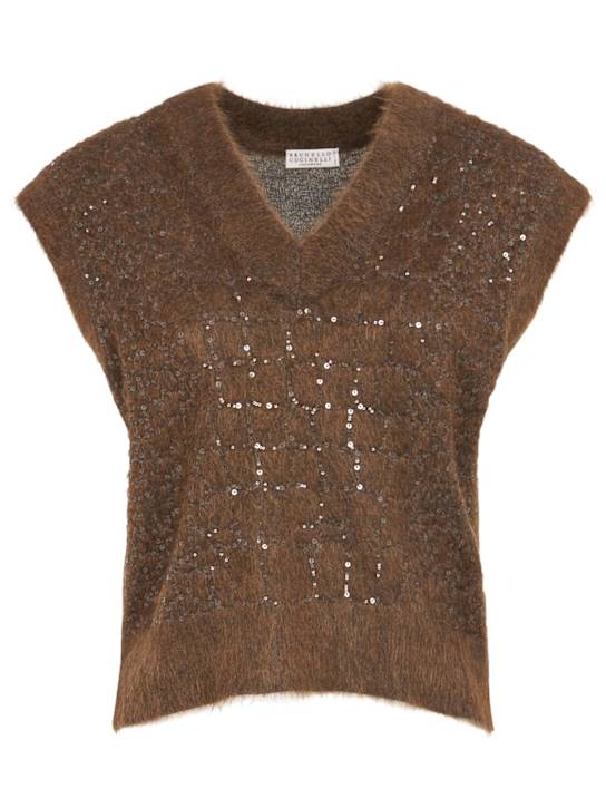 Brunello Cucinelli: Embellished mohair blend knit vest - Brown - women_0 | Luisa Via Roma