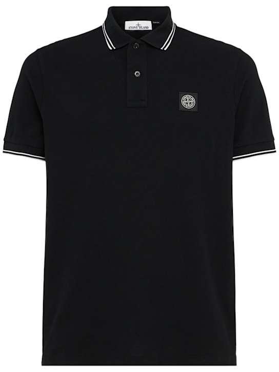 Stone Island: S/s cotton blend piqué polo - Black - men_0 | Luisa Via Roma