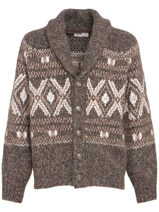 Brunello Cucinelli: Alpaca blend jacquard cardigan - ダークブラウン - men_0 | Luisa Via Roma