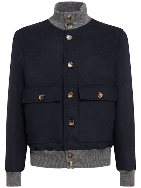 Brunello Cucinelli: Short wool bomber jacket - Navy/Piombo - men_0 | Luisa Via Roma