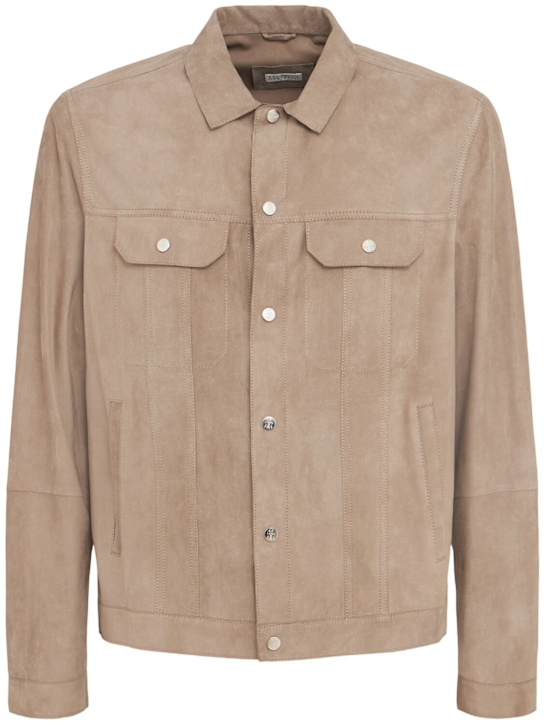 Brunello Cucinelli: Leather shirt jacket - Nocciola - men_0 | Luisa Via Roma