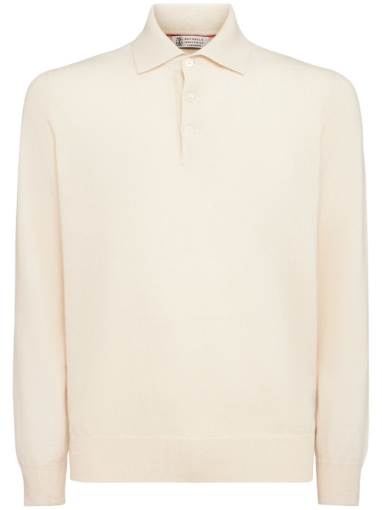 Brunello Cucinelli: Cashmere knit l/s polo - エクリュ - men_0 | Luisa Via Roma