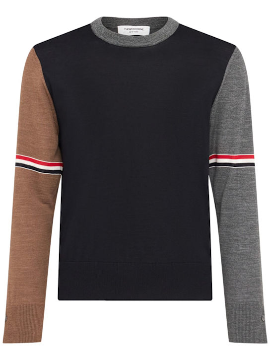 Thom Browne: Fun Mix wool jersey top - Navy/Grey/Brown - men_0 | Luisa Via Roma