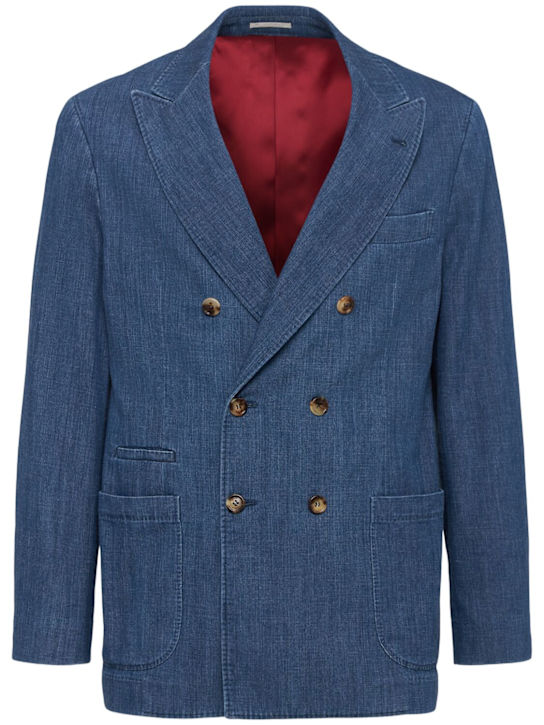 Brunello Cucinelli: Double breast denim blazer - men_0 | Luisa Via Roma