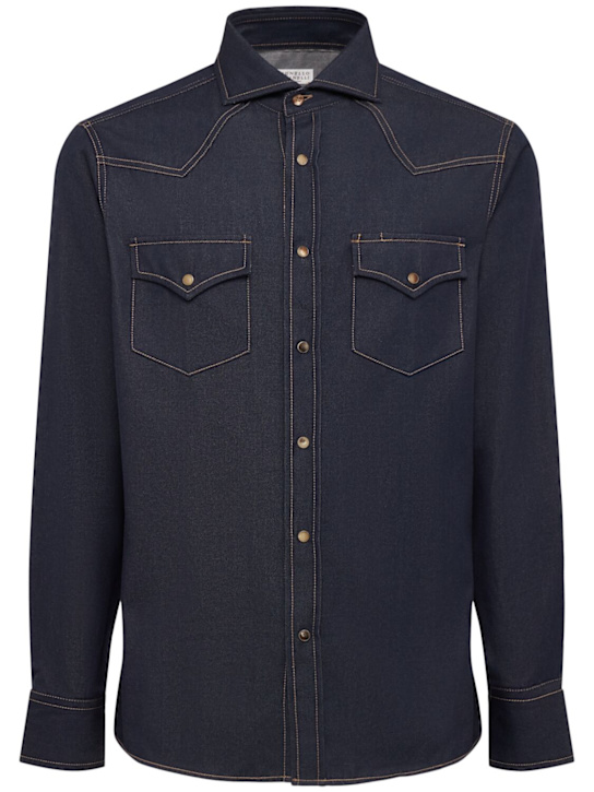Brunello Cucinelli: Western cotton denim shirt - Denim Scuro - men_0 | Luisa Via Roma