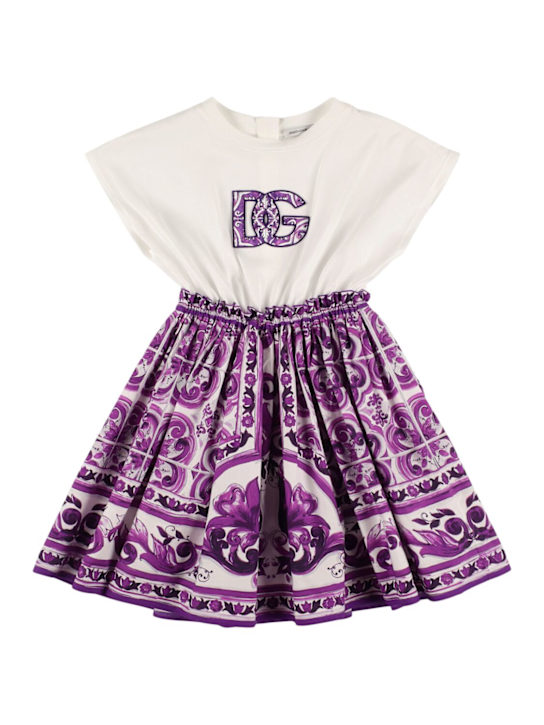 Dolce&Gabbana: Vestido de jersey de algodón estampado - Blanco/Púrpura - kids-girls_0 | Luisa Via Roma