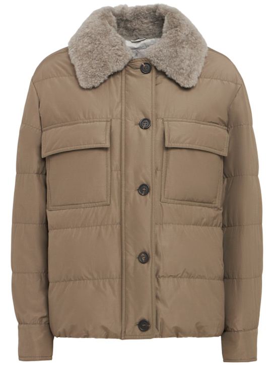 Brunello Cucinelli: Puffer jacket w/ fur collar - Dark Beige - women_0 | Luisa Via Roma
