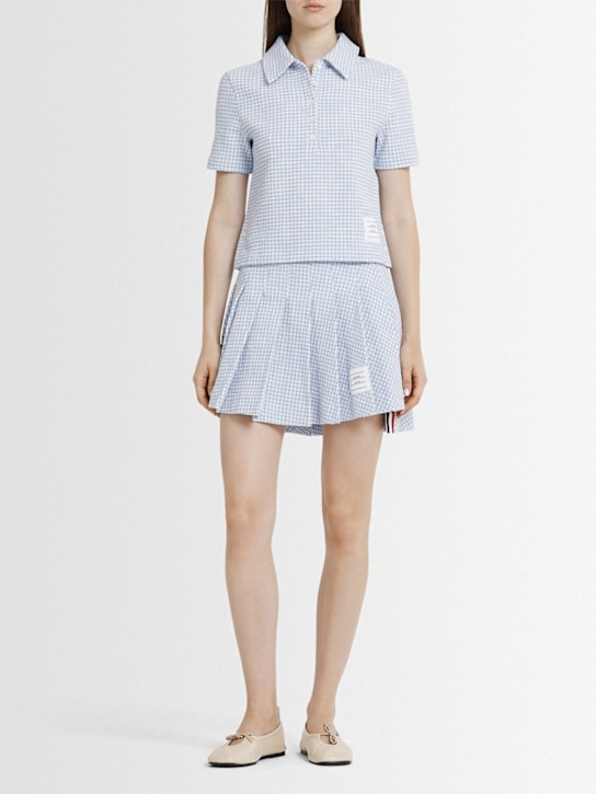 Thom Browne: Pleated gingham tweed mini skirt - Light Blue - women_1 | Luisa Via Roma