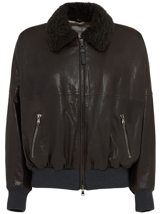 Brunello Cucinelli: Leather & fur bomber jacket - Dark Brown - women_0 | Luisa Via Roma