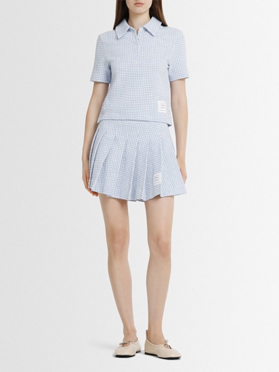 Thom Browne: Gingham tweed short sleeve polo - Light Blue - women_1 | Luisa Via Roma