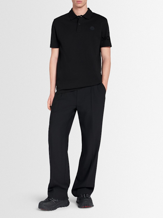 Moncler: Logo cotton piquet polo shirt - Black - men_1 | Luisa Via Roma