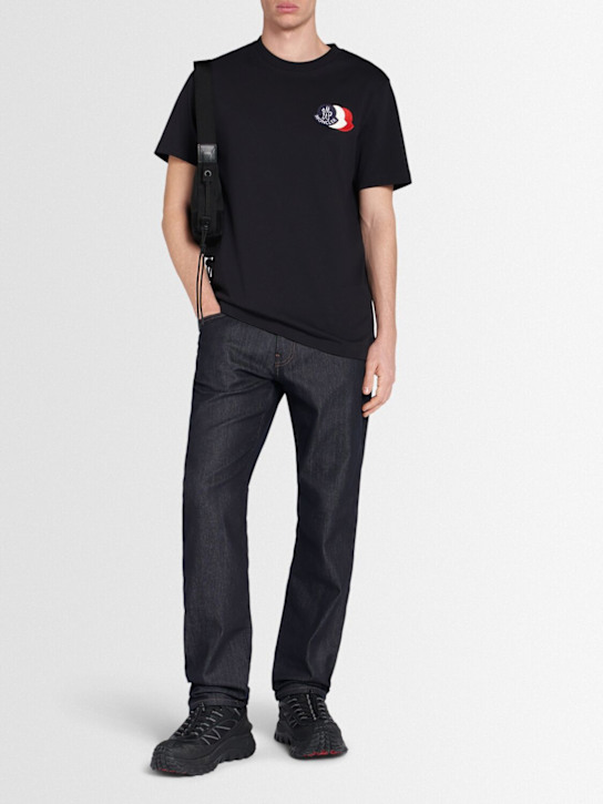 Moncler: Embroidered tricolor logo cotton t-shirt - men_1 | Luisa Via Roma