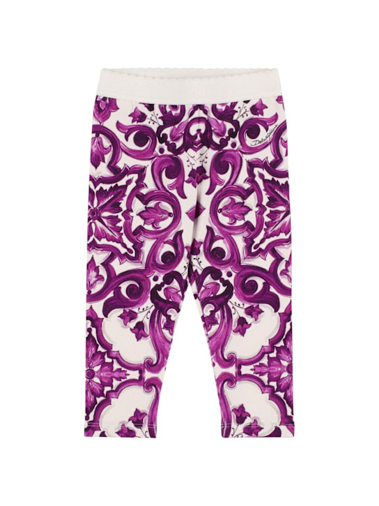 Dolce&Gabbana: Leggings de jersey de algodón estampado - Blanco/Púrpura - kids-girls_0 | Luisa Via Roma