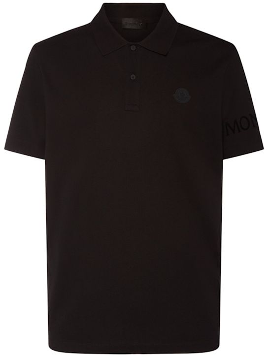 Moncler: Logo cotton piquet polo shirt - Black - men_0 | Luisa Via Roma