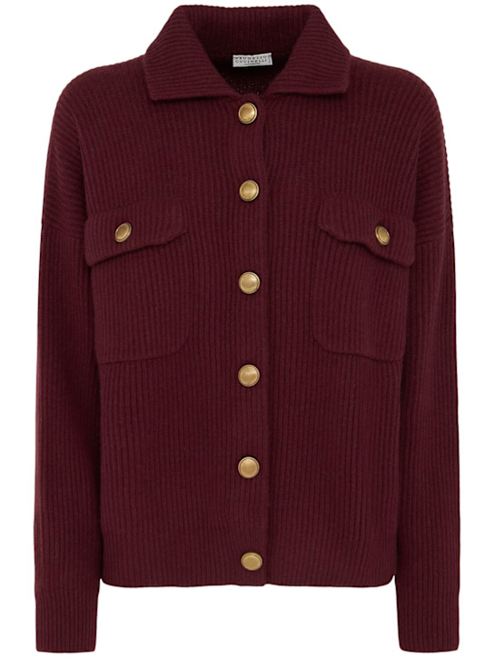 Brunello Cucinelli: Buttoned rib knit cardigan - Burgundy - women_0 | Luisa Via Roma