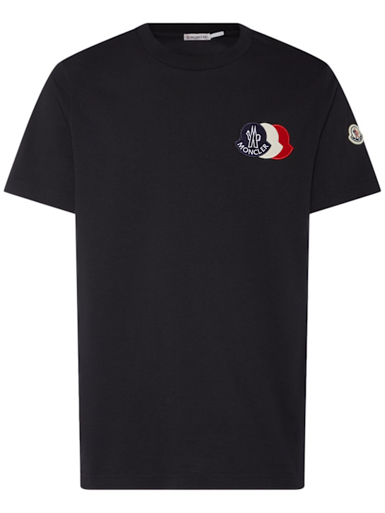 Moncler: Embroidered tricolor logo cotton t-shirt - men_0 | Luisa Via Roma