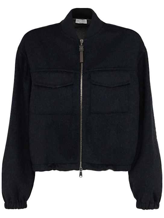 Brunello Cucinelli: Collarless cashmere short jacket - Navy - women_0 | Luisa Via Roma