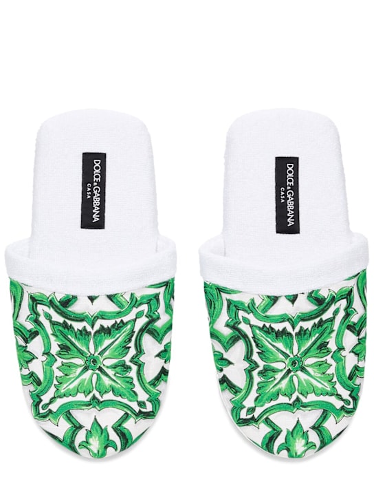 Dolce&Gabbana: Maiolica Verde cotton terry slippers - Green - ecraft_0 | Luisa Via Roma