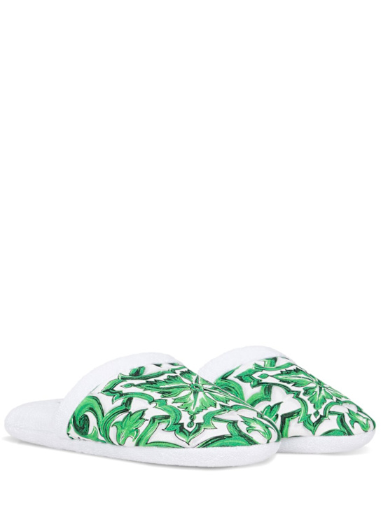 Dolce&Gabbana: Maiolica Verde cotton terry slippers - Green - ecraft_1 | Luisa Via Roma