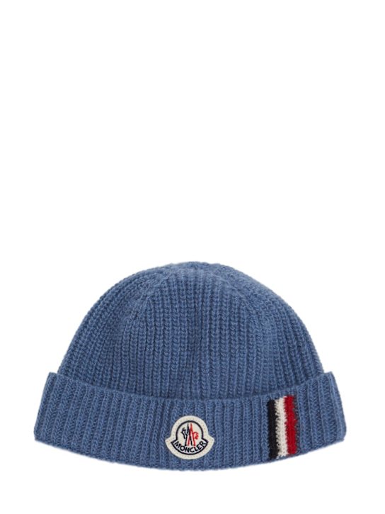 Moncler: Tricolor trimmed virgin wool beanie - ブルー - kids-boys_0 | Luisa Via Roma