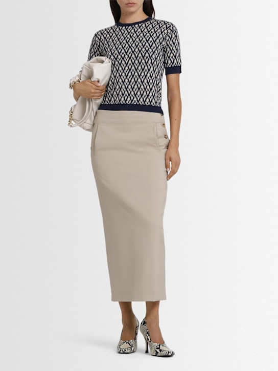 Valentino: Wool jacquard short sleeve sweater - Navy/Ivory - women_1 | Luisa Via Roma