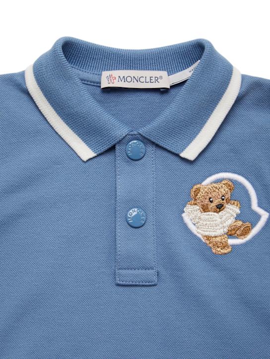 Moncler: Teddy bear logo cotton blend polo shirt - Blue - kids-boys_1 | Luisa Via Roma