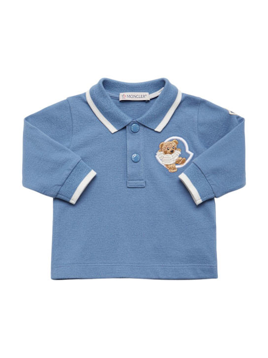 Moncler: Teddy bear logo cotton blend polo shirt - Blue - kids-boys_0 | Luisa Via Roma