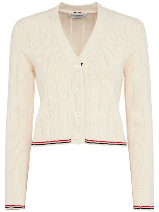 Thom Browne: Needle rib wool v-neck cardigan - women_0 | Luisa Via Roma