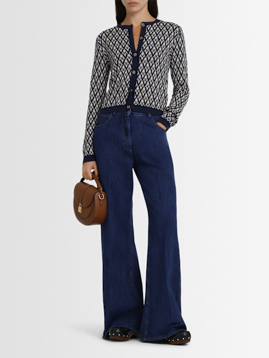 Valentino: Wool jacquard cardigan - Navy/Ivory - women_1 | Luisa Via Roma