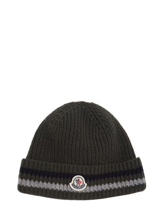 Moncler: Striped virgin wool beanie - ダークグリーン - kids-boys_0 | Luisa Via Roma