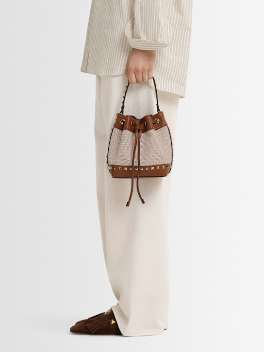 Valentino Garavani: Rockstud canvas & leather bucket bag - Naturale-tobacc - women_1 | Luisa Via Roma