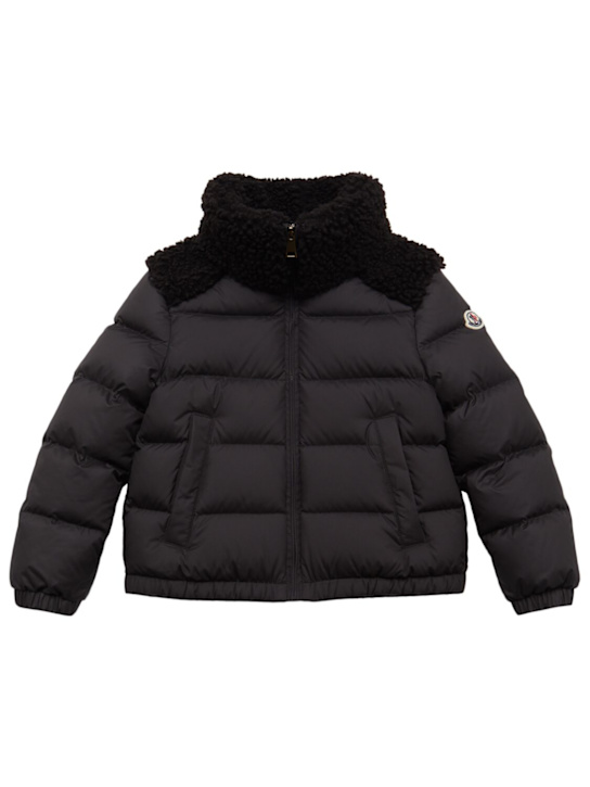 Moncler: Piumino Vard con profili in teddy techno - Nero - kids-girls_0 | Luisa Via Roma