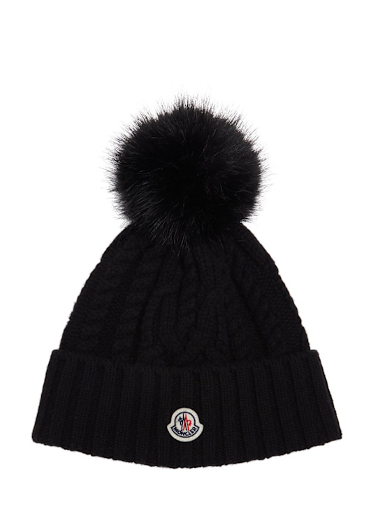 Moncler: Wool blend beanie w/ pom pom - Black - women_0 | Luisa Via Roma