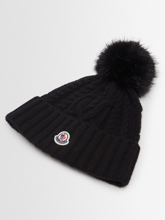 Moncler: Wool blend beanie w/ pom pom - Black - women_1 | Luisa Via Roma