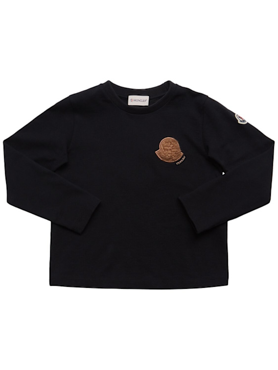 Moncler: T-shirt in cotone con logo in teddy - Nero - kids-girls_0 | Luisa Via Roma